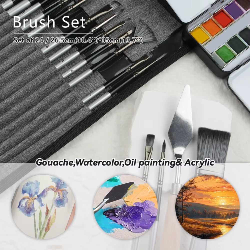 24Pcs Different Shape Sliver Grey Painting Brush Set for Gouache Watercolor Oil Painting Art Supplies Stationery