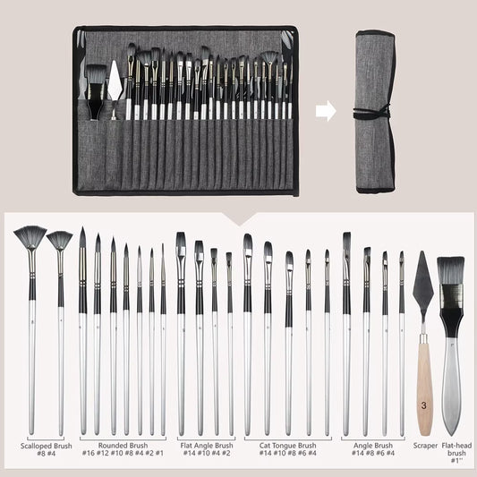 24Pcs Different Shape Sliver Grey Painting Brush Set for Gouache Watercolor Oil Painting Art Supplies Stationery
